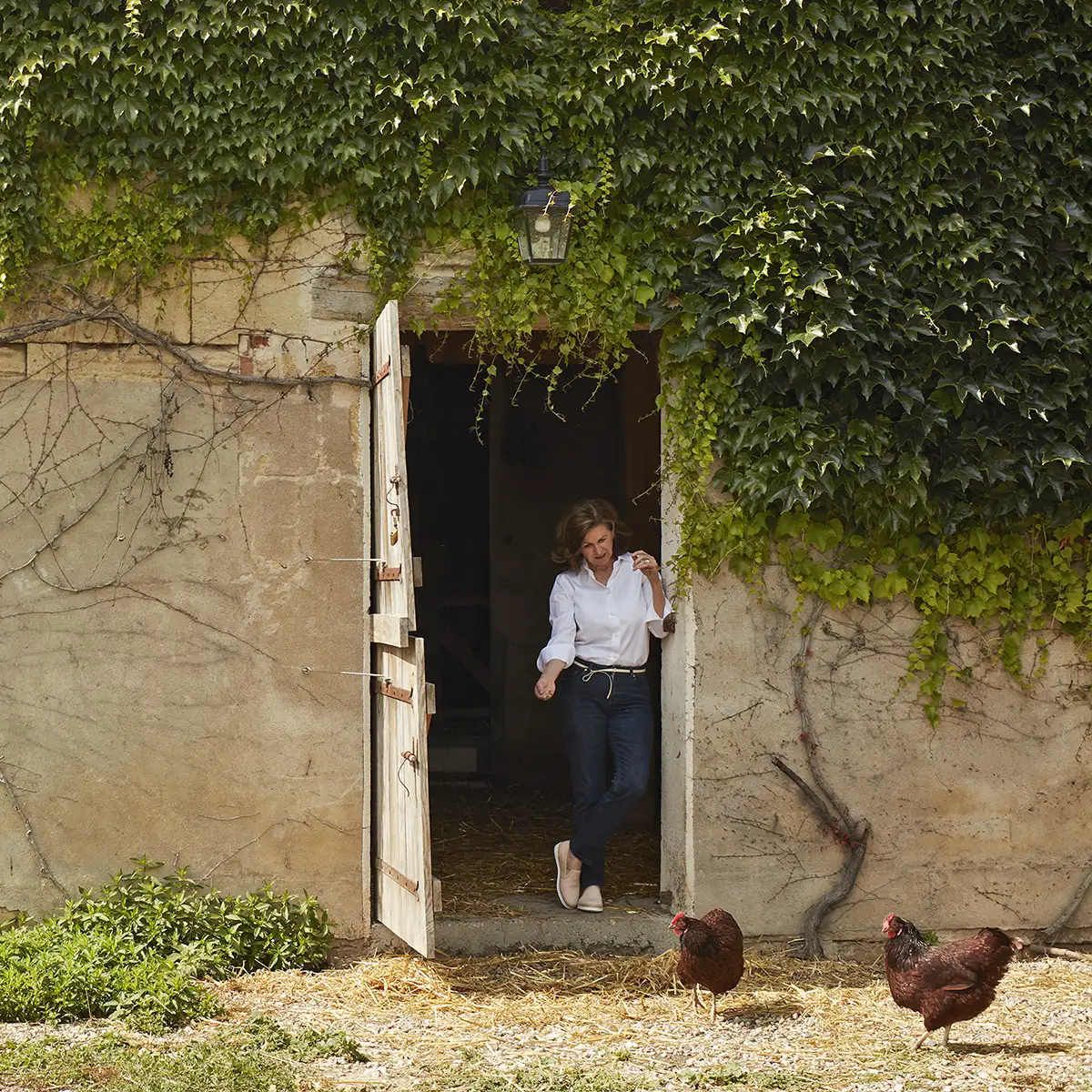 Denise Adams stands in a doorway of a vine-covered stone building, looking at two chickens on the ground outside.